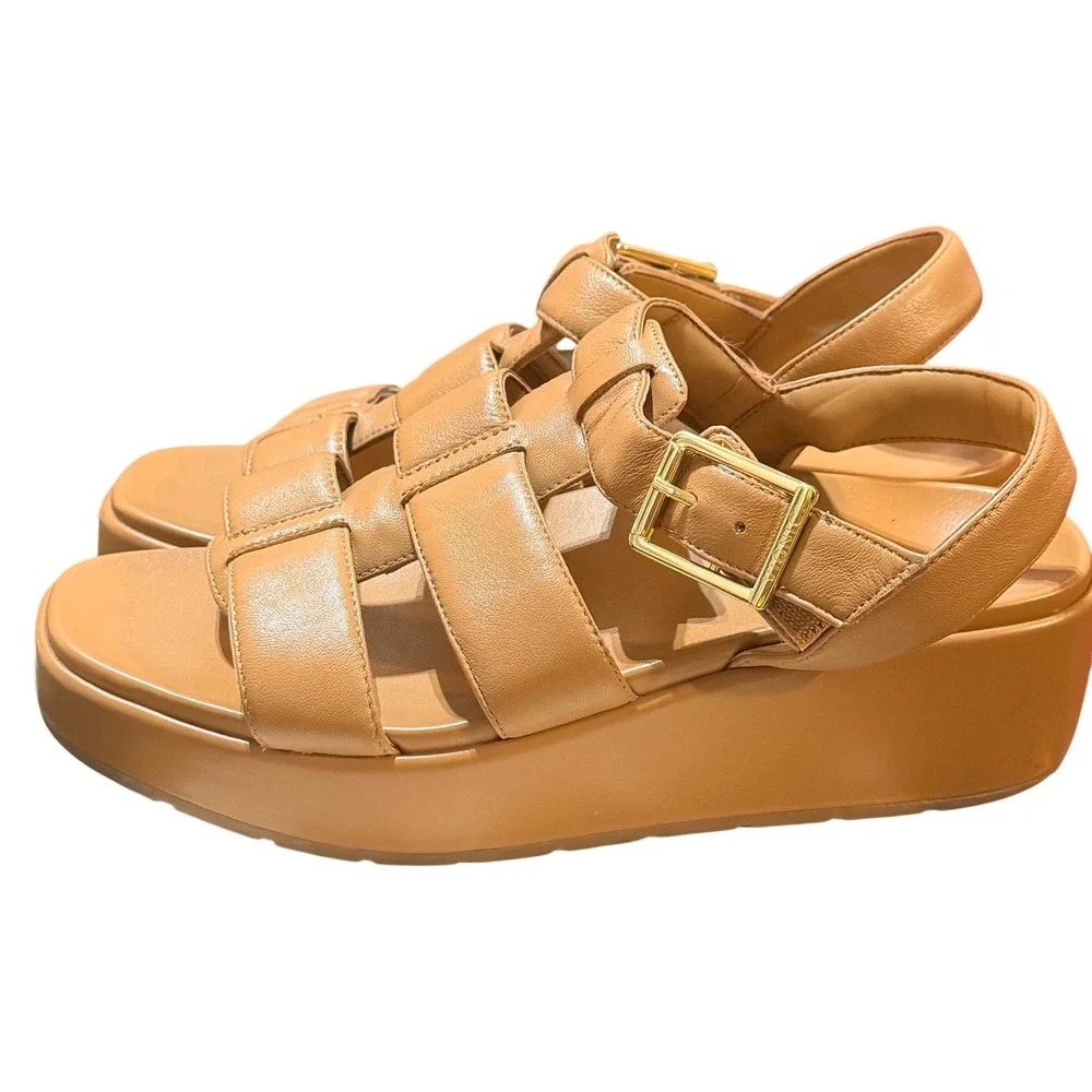 Vionic Delano Platform Sandal Womens 7 Tan Leather Fisherman Orthotic Comfort
